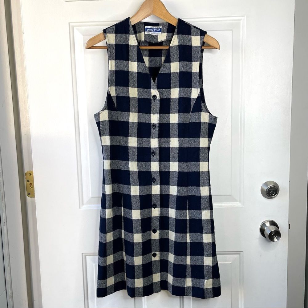 Vintage Pendelton Womens Plaid Wool Mini Dress Navy and White Size 8